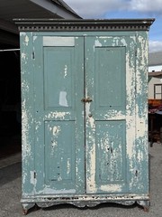 antique Blue Painted Cupboard Dental Molding Dovetailed Farm House 1820