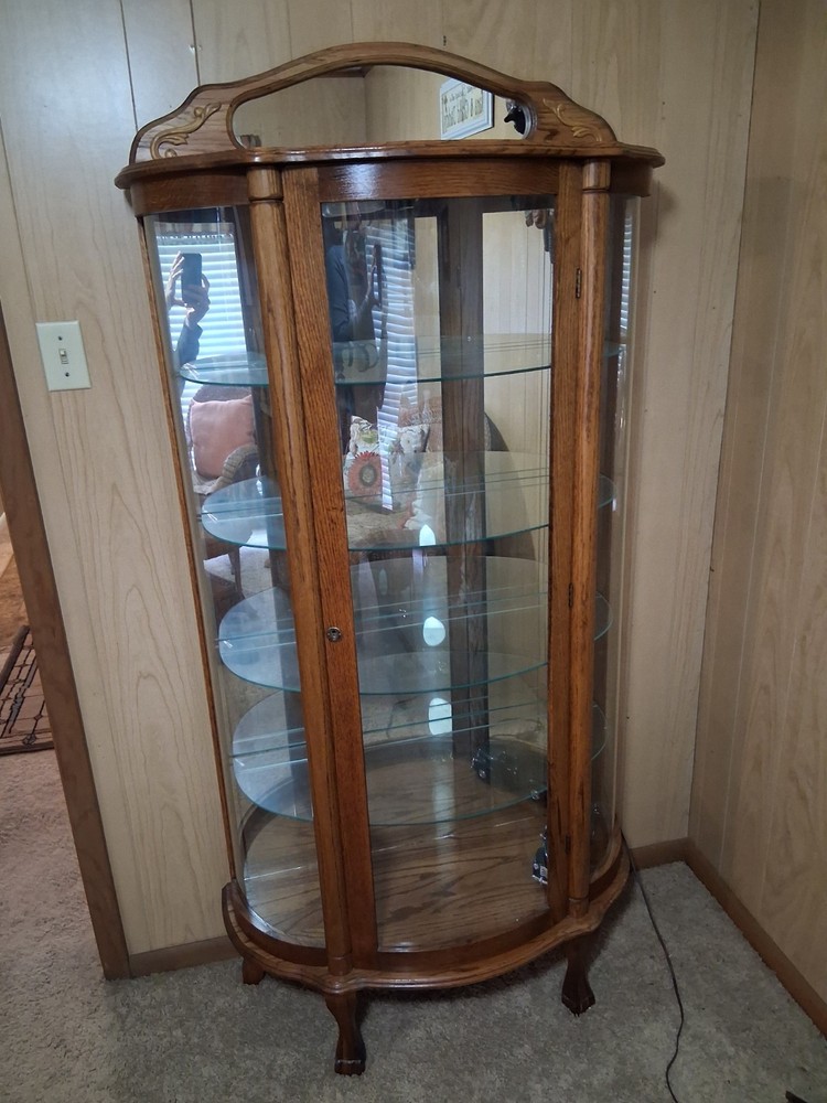 Antique Wood Glass Curio Cabinet Arched Top Glass Front Lighting 5 Shelves with