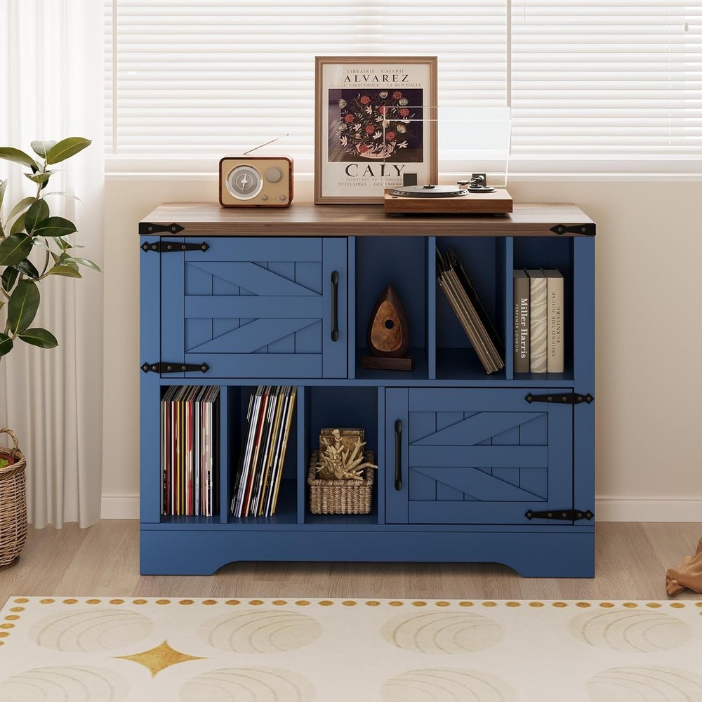 39″ Vinyl Record Storage Stand W/ Doors, Farmhouse Mid-Century Turntable Cabinet