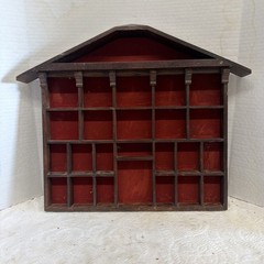 VTG Wooden House Wall Curio Miniature Display Cabinet Red Velvet 25Cubbies