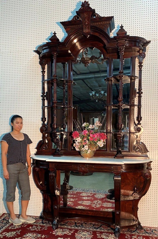 American Antique 9′ tall Renaissance Revival Rosewood Etagere Entry Console 1860