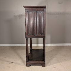 Antique French Gothic Carved Oak Cabinet Stand with Figural Panels Heraldic Door