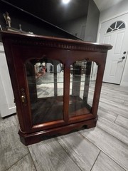 Antique Glass Front Wooden Display Cabinet with Lighting and Shelves, Brown