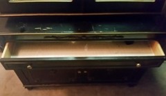 Unusual Shaped Black Lacquer 2 Piece China Cabinet Slender W/ Light & Gold Rope