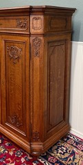 Antique French Double Door Cabinet Cupboard Carved Honey Oak Drawer early 20th