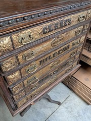 Antique Clark’s 6 Drawer Mile End Spool Cabinet – Solid Wood- Embossed Tin
