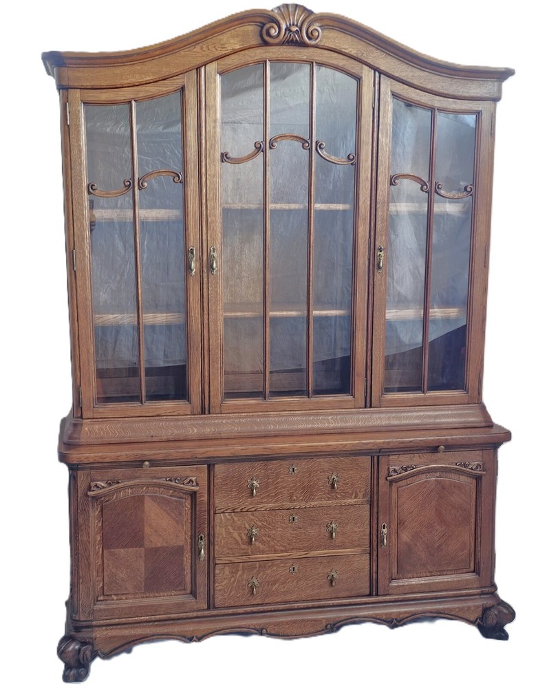 Vtg Country French Louis XV Quarter Sawn Oak China Cabinet Hutch Carved 1930s