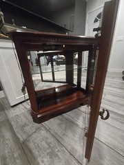 Antique Glass Front Wooden Display Cabinet with Lighting and Shelves, Brown