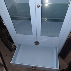 Vintage Baby Blue Curio Cabinet 3 Glass Shelves Two Drawers And A BottomStorage