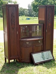 Antique Wood Cabinet with Carved Glass Doors, Drawers, 75.5″ x 66″ x 17.5″