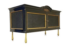 RARE CHIC 40’s GROSFELD HOUSE BLACK LACQUERED CABINET w/ CANE WORK & BRASS