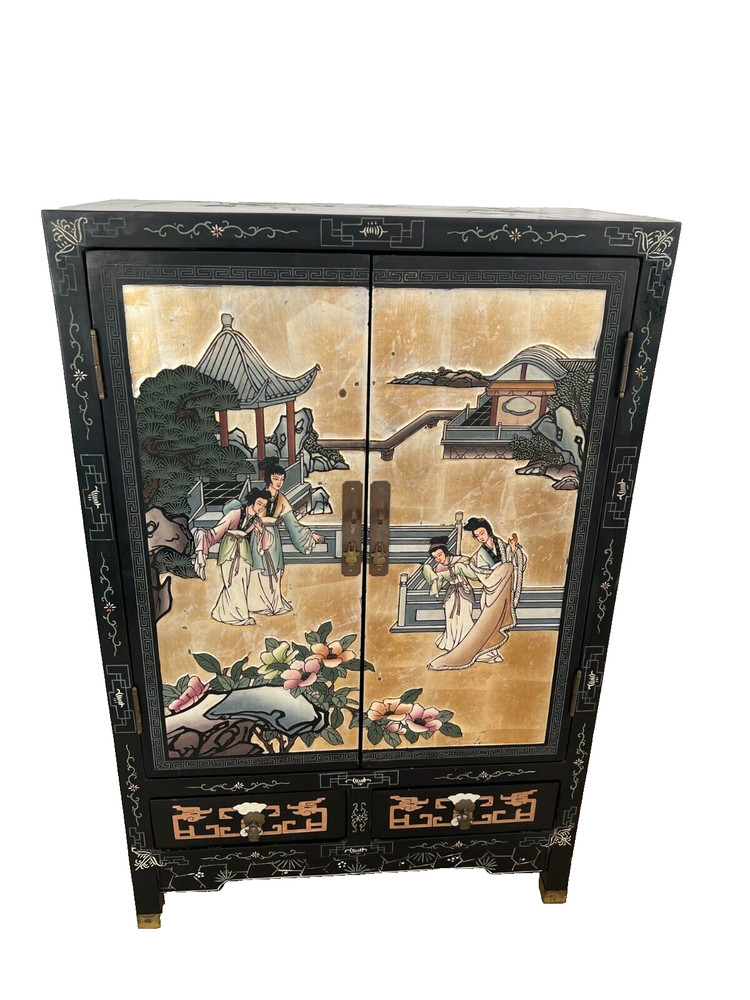 Mid Century Chinese Console Cabinet Double doors, Two Drawers Chinoiserie Carved