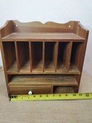 Old Time Wood Wooden Desk Office Letter Drawer Box Organizer Porcelain Knob 12″
