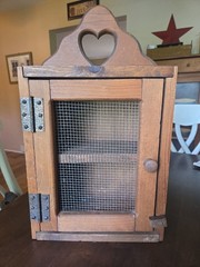 Wall Standing Cabinet Primitive Spice Wood Mesh Door Farmhouse Granny Heart