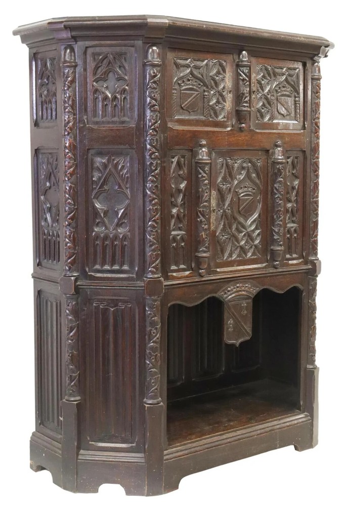 Antique Cupboard, Gothic Revival, Carved Oak, Credence, Foliates, 1800s!!