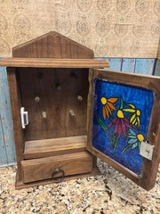 Vintage Wooden Wall Hanging Key Cabinet Painted Glass Floral Design Handmade