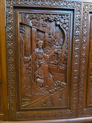 George Zee Style Mid-Century Asian Heavily Hand Carved Flip Top Dry Bar Cabinet