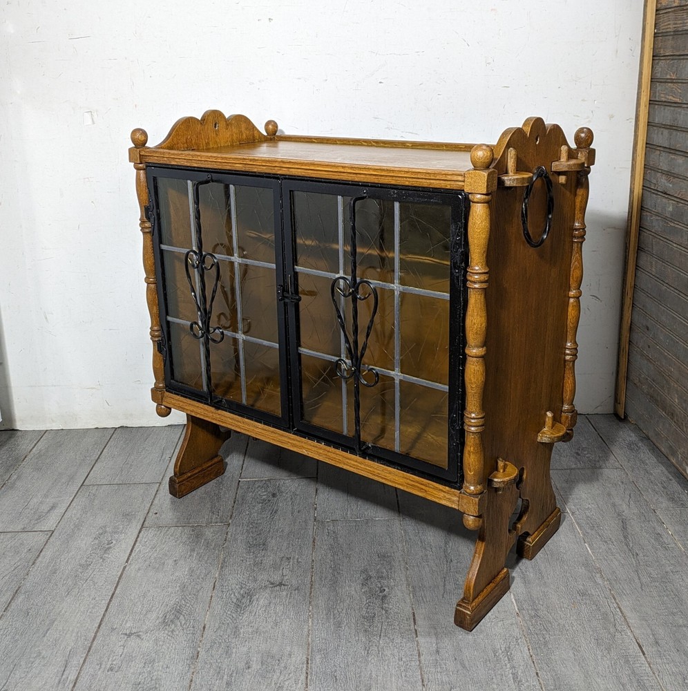 Antique Victorian Arts & Crafts Gothic Oak Cabinet Table with Glass Iron Doors