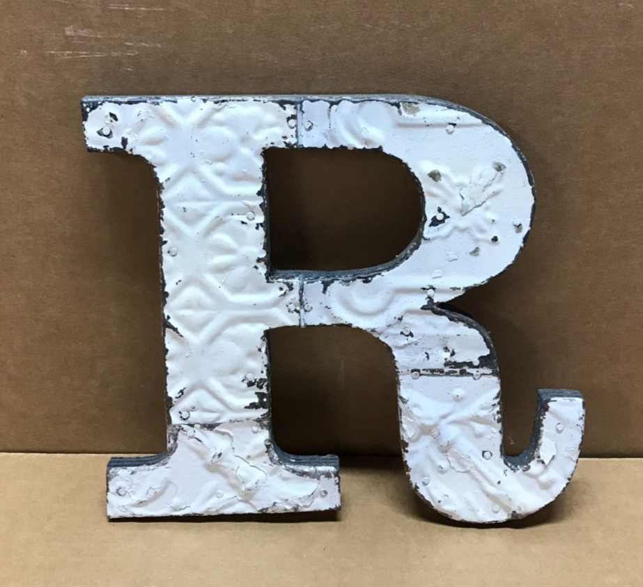 Decorative Salvaged Tin Ceiling 8″ Patchwork Shabby White Letter R Metal 616-26B