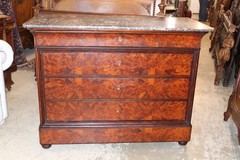 French Antique Tiger Mahogany Louis Philippe Marble Top Chest / Sideboard
