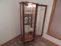 Vintage Curio Cabinet Wooden & Glass; Lighted, Mirrored, Glass Shelves, Lock Key