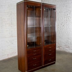 Modern Pair Lighted Display Cabinets by Bassett Furniture Cherrywood & Brass