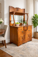 Antique Carved Oak Buffet with Mirror Back – Refinished Traditional Sideboard