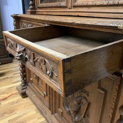 ATQ 1880 Rare French Hunt Cabinet Renaissance Carved Oak Black Forest Bookcase