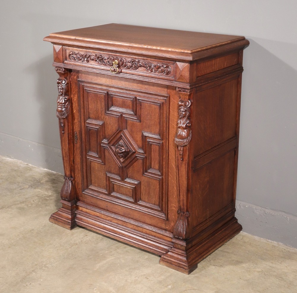 French Antique Renaissance Revival Solid Oak Wood Bar Cabinet with Carvings