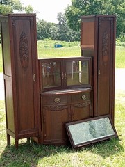 Antique Wood Cabinet with Carved Glass Doors, Drawers, 75.5″ x 66″ x 17.5″