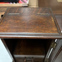 Small Antique Oak Smokers Cabinet. Art nouveau with metal front, working lock vg