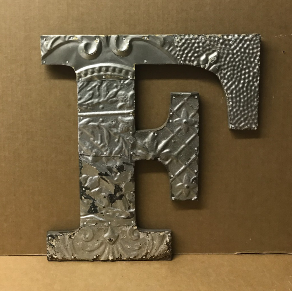 Decorative Salvaged Tin Ceiling 16″ Patchwork Shabby Silver Letter F Old 222-26B