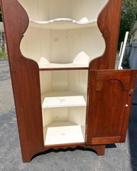 D. R. Dimes country pine open top corner cupboard. Single raised panel door with
