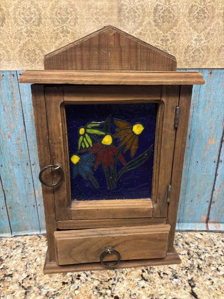Vintage Wooden Wall Hanging Key Cabinet Painted Glass Floral Design Handmade