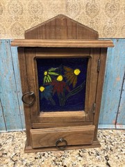 Vintage Wooden Wall Hanging Key Cabinet Painted Glass Floral Design Handmade