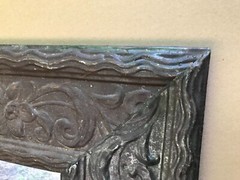 VTG Decorative Floral Tin Cove 46″ SQ. Tung Oiled Rust Metal Mirror Old 1053-23B