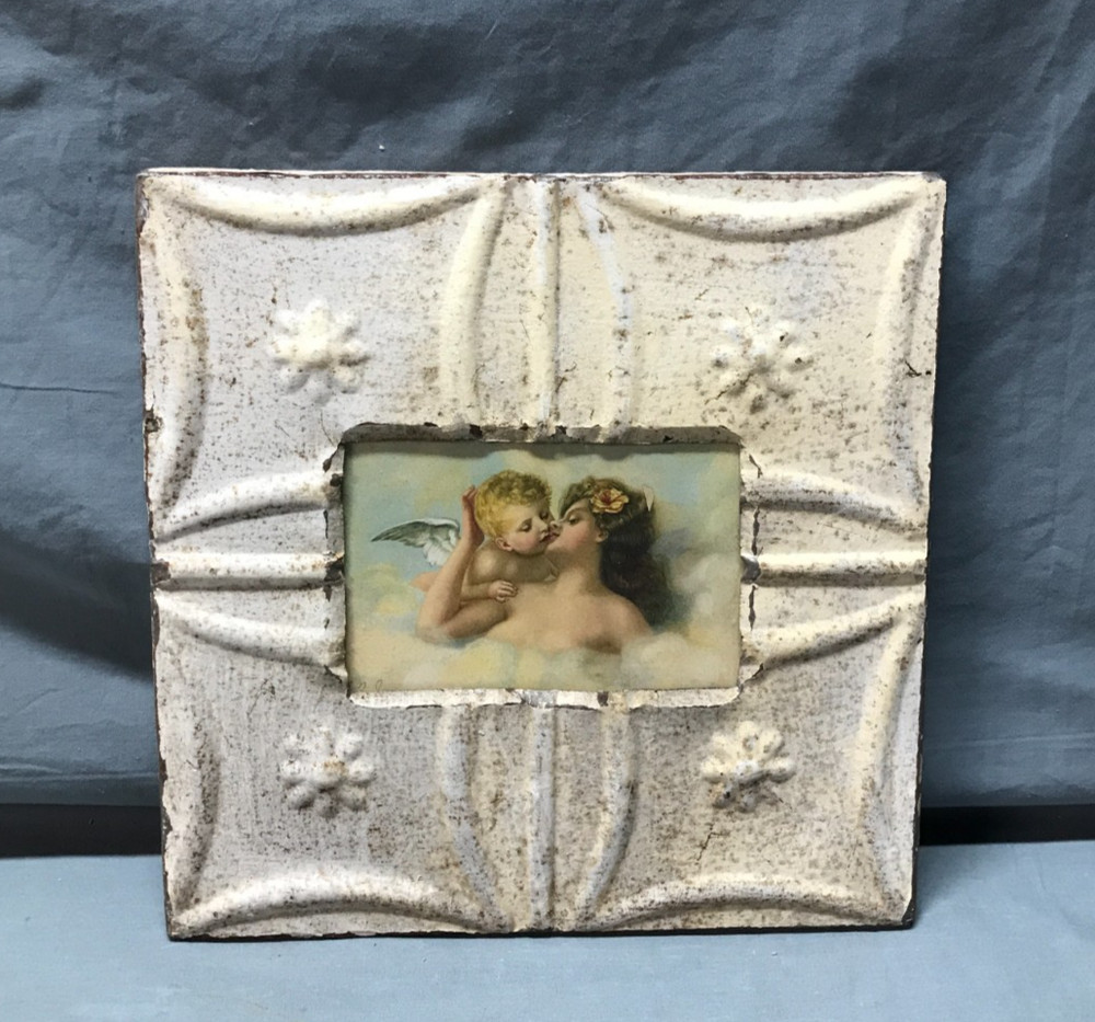 VTG Shabby 11″ Sq. 4×6 Tin Ceiling Metal Picture Photo Frame Old 1698-25B