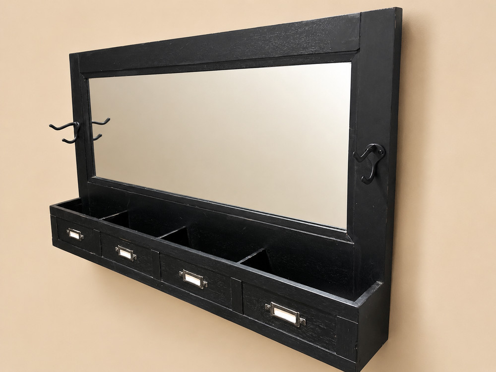 Vintage 1995 Black Entryway Mirror Shelf Hooks Cubby Organizer 36×20 Rustic