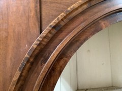 Antique Corner Cabinet Burled Wood Painted Interior 2 Pce Fluted Column Arched