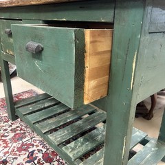 Antique British Rustic Green Painted Kitchen Island Butcher Block Table 53 x 26