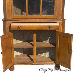 Antique small corner cupboard cabinet grained paint primitive berks 12 light 19t