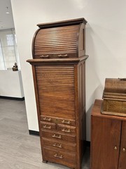 ANTIQUE HARVARD CO ROLL TOP OAK DENTAL CABINET