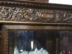 VICTORIAN BEVELED GLASS CARVED OAK CHINA CABINET, ATTR. R.J. HORNER