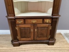 Antique Corner Cabinet Burled Wood Painted Interior 2 Pce Fluted Column Arched