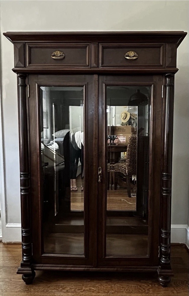 Antique Brown Wood Glass Display Cabinet with Drawers, Brass Handles, 56″ Tall