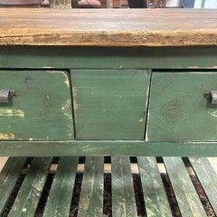 Antique British Rustic Green Painted Kitchen Island Butcher Block Table 53 x 26