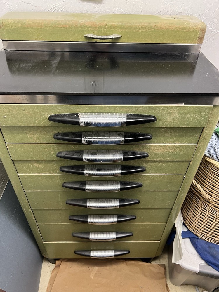 Cool Green metal Vintage Dentist’s Cabinet W art deco pulls