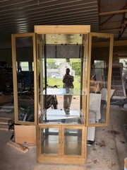 1970’s Mastercraft Vitrine 7ft Brass Wood Smoky Glass Curio Display Cabinet