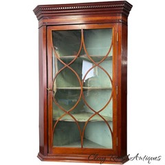 Antique Georgian hanging corner cupboard inlaid dental molding mahogany 18th
