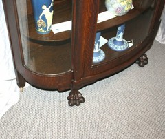 Antique Oak Curved Glass China Cabinet – Large Carved Claw Feet
